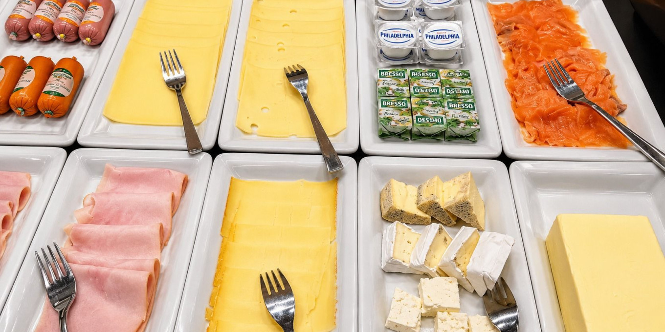 Käseauswahl, Frischkäse und Räucherlachs am Frühstücksbuffet im Hotel Bercher